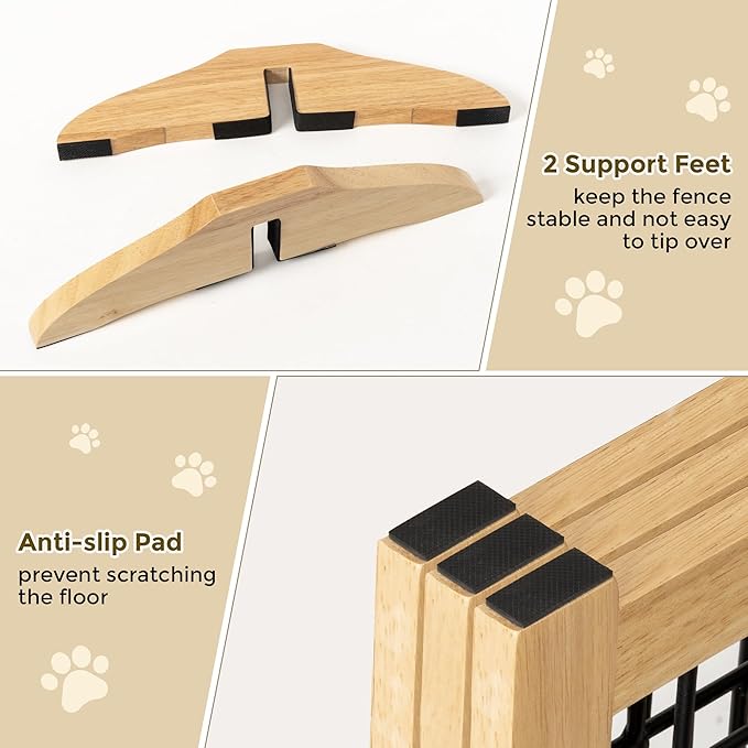 Wire Dog Gate Solid Wood Frame, Anti-Chewing, 3-Panel, 36" Height, 60" Width, Indoor Freestanding Pet Gate Foldable Wooden Dog Fences for Stairs, House, Doorway, Oak Color