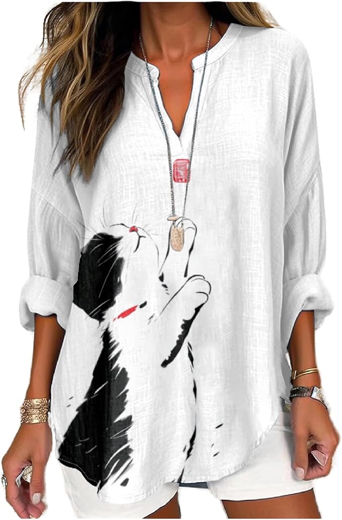 MARSVOVO Cat Shirts for Women Long Sleeve Cute Cat Pullover Graphic Novelty V Neck Blouse Oversized Funny Tunic Tops