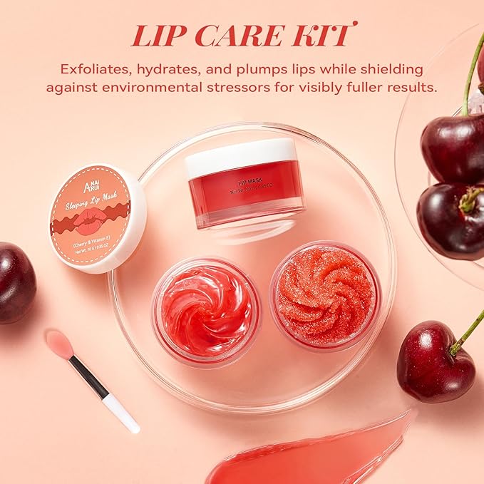 ANAI RUI Cherry Lip Scrub & Lip Mask Set, Vitamin E, Lip Scrub For Women, Lip Scrubber Exfoliator, Hydrating Lip Mask Overnight, Sugar Scrub for Dry Chapped Lips, Lip Care Set for Women
