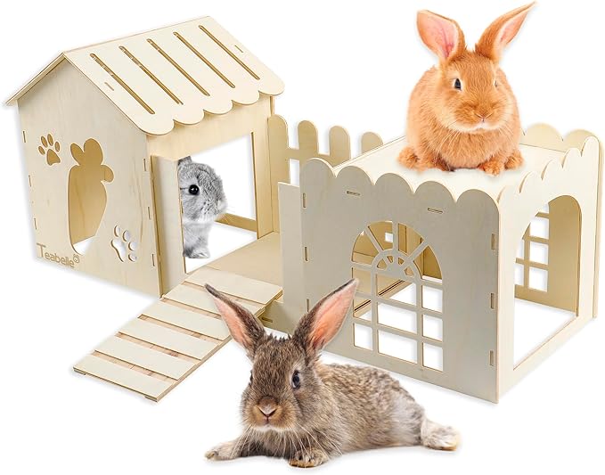 Large Rabbit Wooden Hideout House, Multi-Chamber Small Animal Wooden Castle Cage, Bunny Playhouse Habitat Decor Tunnel for Dwarf Rabbit Guinea Pig Chinchilla Hedgehog Squirrel