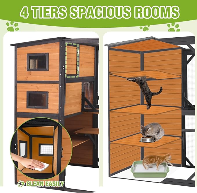 GUTINNEEN Extra Large Outdoor Catio Cat Enclosure Indestructible Cat House Weatherproof Feral Cat Shelter with Weatherproof Roof, Resting Rooms, Platforms, Windows for 1-8 Feral Barn Cats