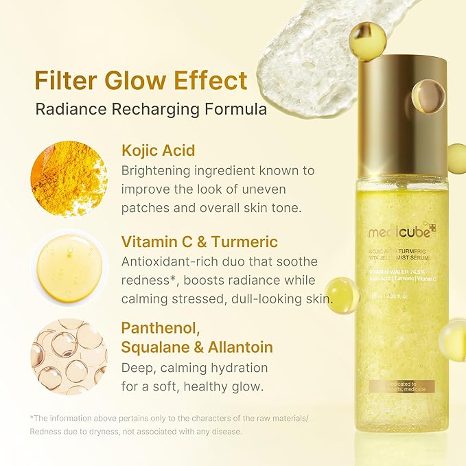 medicube Jelly Mist Serum with Kojic Acid Turmeric | 2-in-1 Daily Facial Spray and Serum | With Vitamin C, Turmeric, Panthenol for Hydrating, Calming Care | Lightweight, Refreshing Mist | 3.38 fl.oz