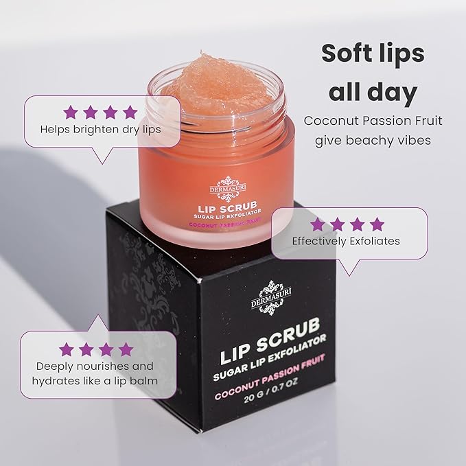 Dermasuri - Lip Exfoliator Scrub & Moisturizer - Sugar Scrubs, Overnight Hydration & Softening - Brighten & Soften Dark Lips For Men & Women -Soothing Dryness -Coconut Passion Fruit Flavor - 20g/0.7oz