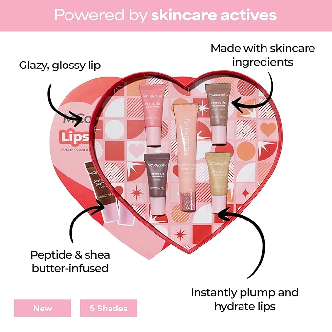 MCoBeauty Sweetheart Peptide Lip Treatment Set - Peptide Lip Gloss Balm & Tint Kit - Juicy Lip Glaze Gift Set with Peptides & Shea Butter for Dry Lips, Sugary-Sweet Scents, Cruelty Free Lip Care