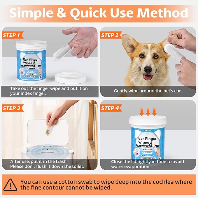 OBSEDE Dog & Cat Ear Wipes, 60 Count Finger Pads for Cleaning & Itch Relief