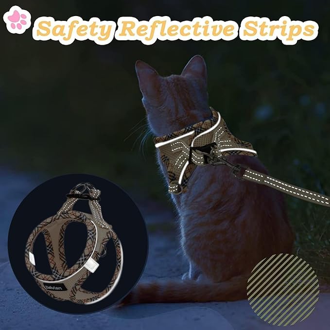 Cat Harness and Leash Set for Walking, Escape Proof Adjustable Soft Mesh Kitten Harness with Reflective Strips, Breathable No-Choke Pet Vest for Medium Cats or Small Dogs(Beige,M)