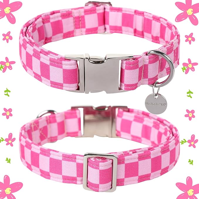 Dog Collar for Summer,Cute Pink Plaid Dog Collar,Cotton Puppy Collar with Adjustable Metal Buckle for Small,Medium,Large Girl Boy Dog