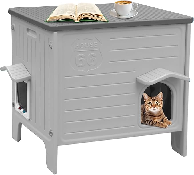 Rockever Insulated Outdoor Cat House, Waterproof Cat House for Outdoor Cats with Escape Door, Plastic Feral Cat House Outdoor Indoor, Spacious and Clean Easily (Grey,M)