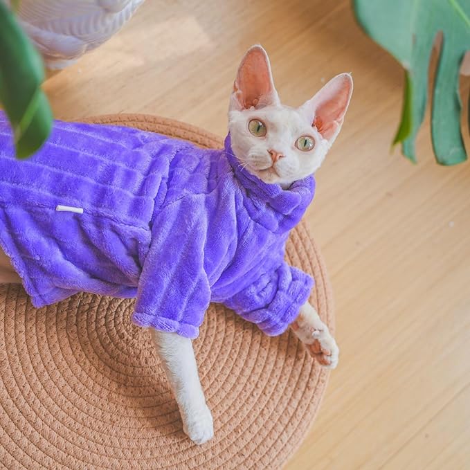 Turtleneck Sweater for Sphynx Cat Soft Coral Fleece Cat Clothes Thick Winter Warm Outfit Coat for Hairless Cats and Small Dogs Apparel with Sleeves (Purple, XL (9-13 lbs))