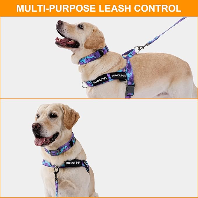 Annchwool No Pull Dog Harness,Heavy Duty Collar & Leash Set-Leash with Double Handle & Car Seatbelt Clip-Easy Control for Walking Training Medium Large Size Dogs(Camo Purple,S)