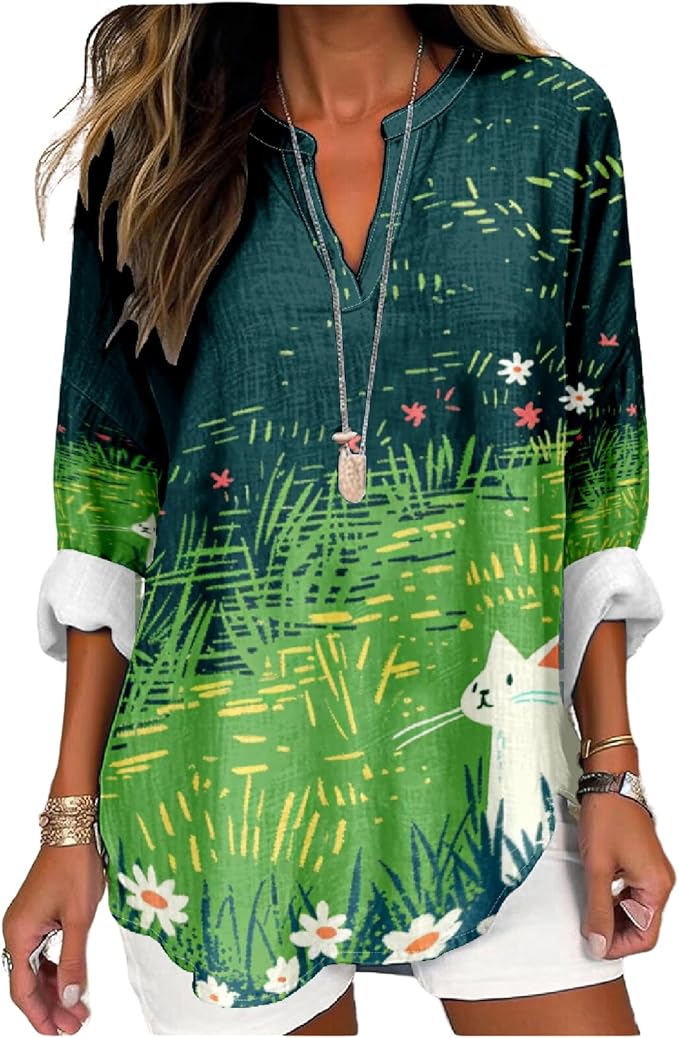 MARSVOVO Cat Shirts for Women Long Sleeve Cute Cat Pullover Graphic Novelty V Neck Blouse Oversized Funny Tunic Tops