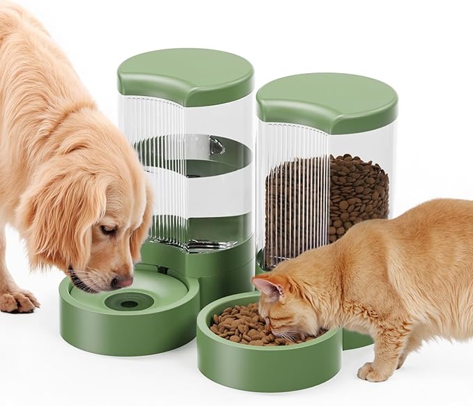 Pet Feeder and Water Dispenser Automatic for Dogs Cats,Waterer and Gravity Food Feeder for Small & Medium Dogs Cats Puppies,6-Pound Food,1-Gallon Water, Easily Clean (Green)