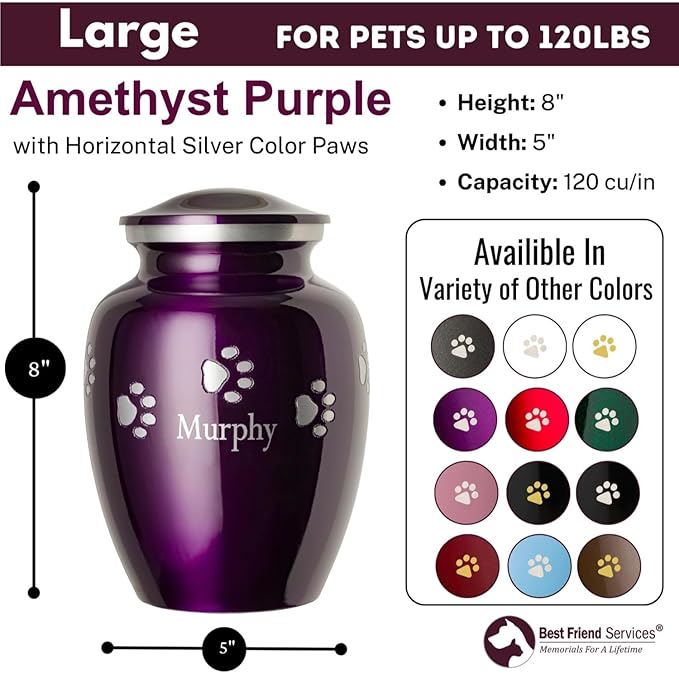Pet Urn for Dogs and Cats with Personalized Laser Engraving, Ottillie Paws Premier Series Memorial Urns (Large Amethyst Purple with Horizontal Pewter Paws)