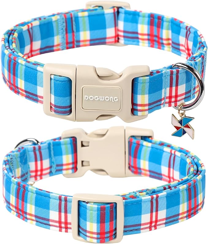 DOGWONG Blue Plaid Dog Collar- Cute Checkered Dog Collars Adjustable Designer Blue Puppy Dog Collar for Small Medium Large Dogs L