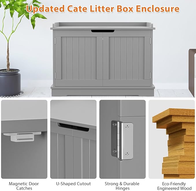 Cat Litter Box Enclosure Furniture Wooden w/Adjustable Divider, Indoor Cat House Storage Cabinet,End Table,for Large Cats, Grey