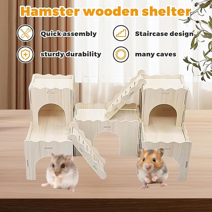 Wooden Dwarf Hamster House, Hamster Tiny House Hideout, Maze House, Large Balcony Lookout Holes, Easy to Assemble, Detachable Parts, Secure Hideaway, F