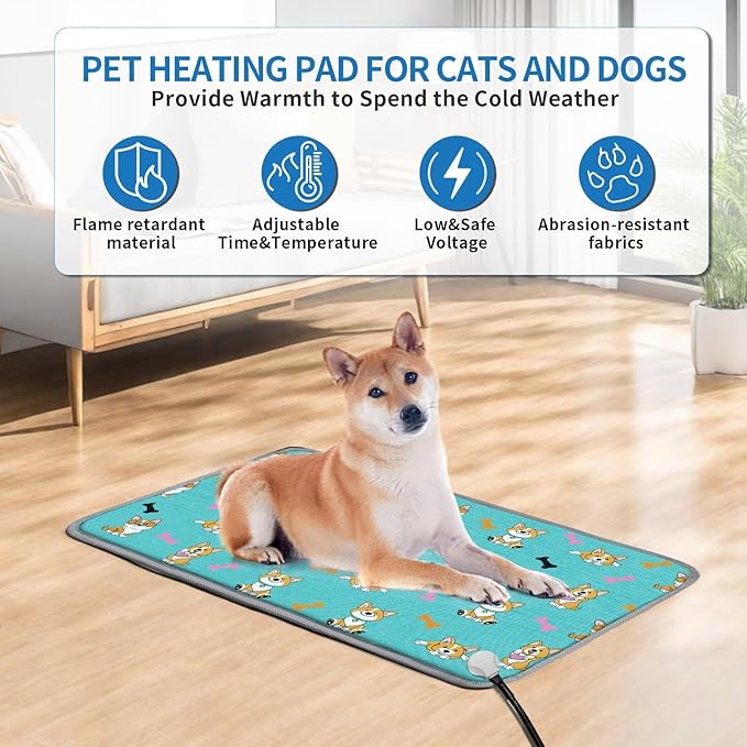Cat Heating Pad,22x18 in Heated Cat Bed,Adjustable Thermostat+Constant On Function,with Metal Protective Tube Waterproof Puppy Heating Pad - Blue