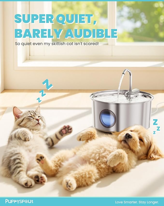 Cat Water Fountain Stainless Steel - 108oz/3.2L Automatic Cat Water Fountain for Drinking with 3 Pcs Filters, Metal Pet Water Fountain Water Dispenser for Cats, Puppy Dogs, Multiple Pets