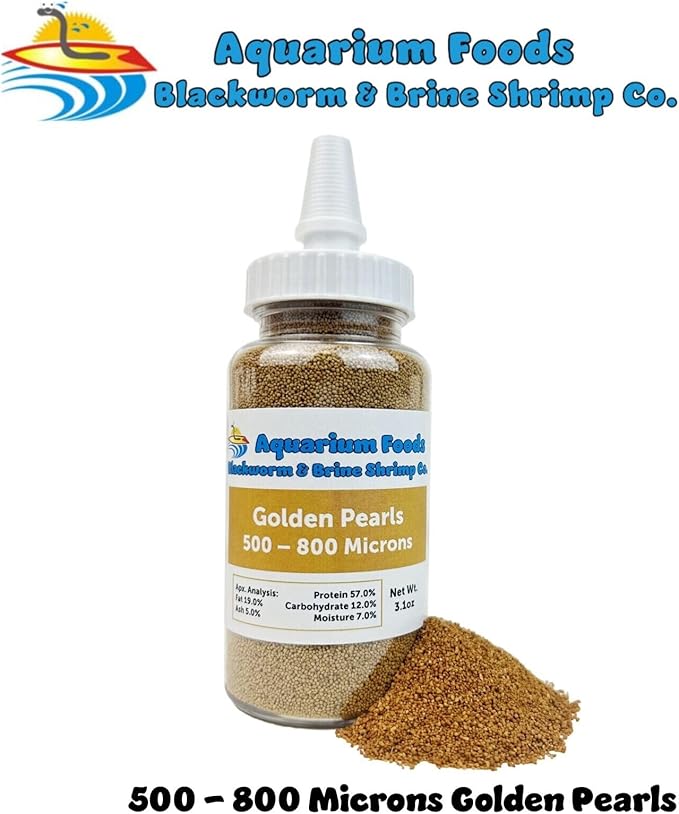 Aquatic Foods Inc. Golden Pearls 500-800 Microns for Tropical Fish Fry, Babies, Guppies, Tetras, Bettas, Nano Fish, for Corals, Anemones, Reef Tanks…3.1oz Squeeze Bottle