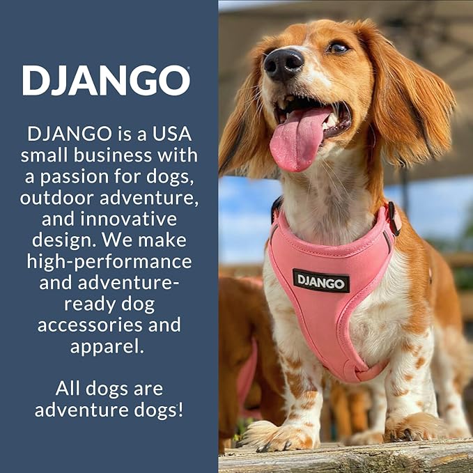 DJANGO Adventure Dog Harness - Stylish, and Durable Medium Dog Harness for Outdoor Adventures and Everyday Wear - Quartz Pink Neoprene Adjustable Harness for Dogs with Reflective Piping, Brass D-Ring