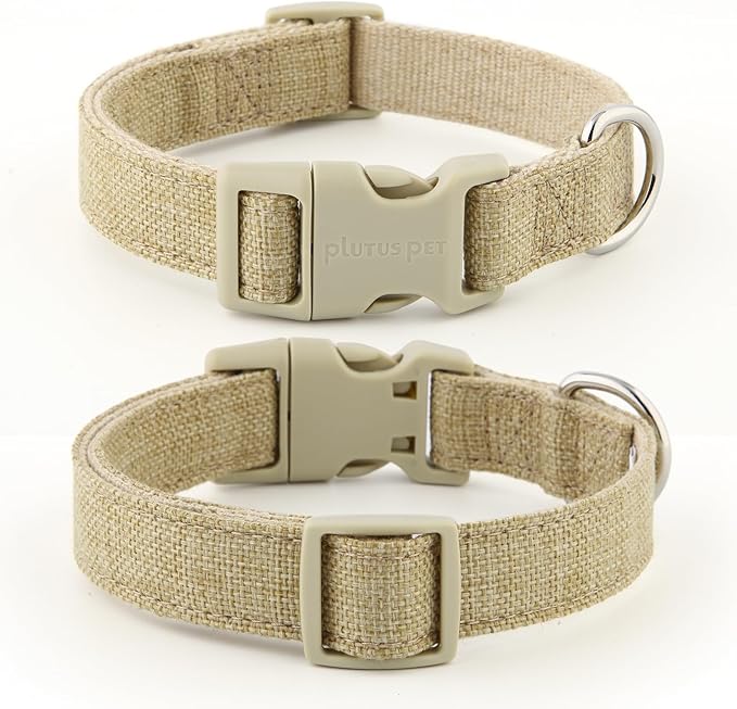 Plutus Pet Cotton Hemp Dog Collar and Leash Set, Adjustable Collar for Small, Medium, and Large Dogs, Heavy Duty and Soft on Skin, Khaki, S