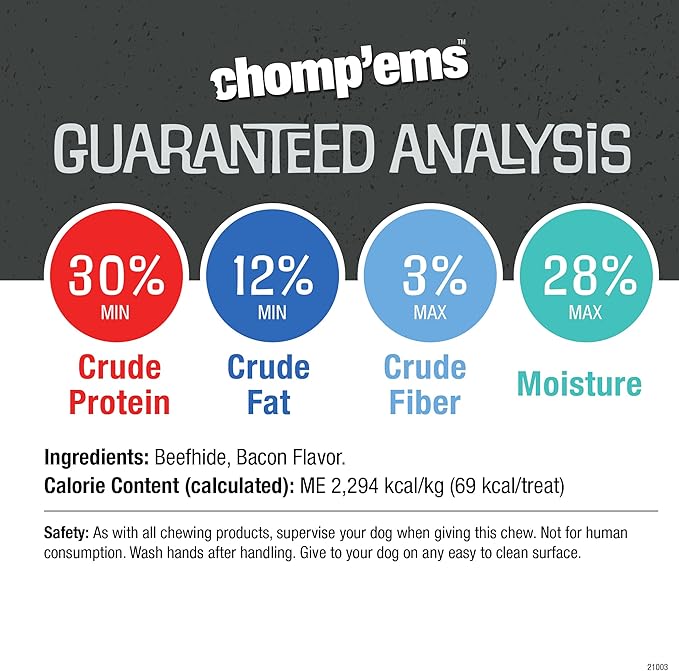 CHOMP 'EMS Purehide Chews - Slow Roasted Naturally Delicious Rawhide Dog Treats - High Protein Beef Hide - Bacon Flavor, Sticks, 8.5 Oz.