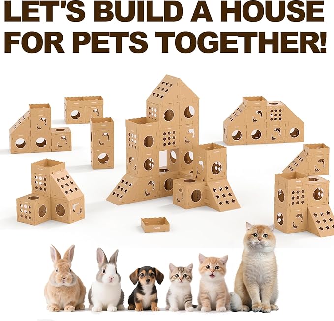 DIY Cat Scratcher Cardboard House, Scratching Cat Play House, a Versatile Box, Indoor Kitty Scratcher Hideout for One or More Cats Brown, Cat Tower Castle Tunnel 10 Parts