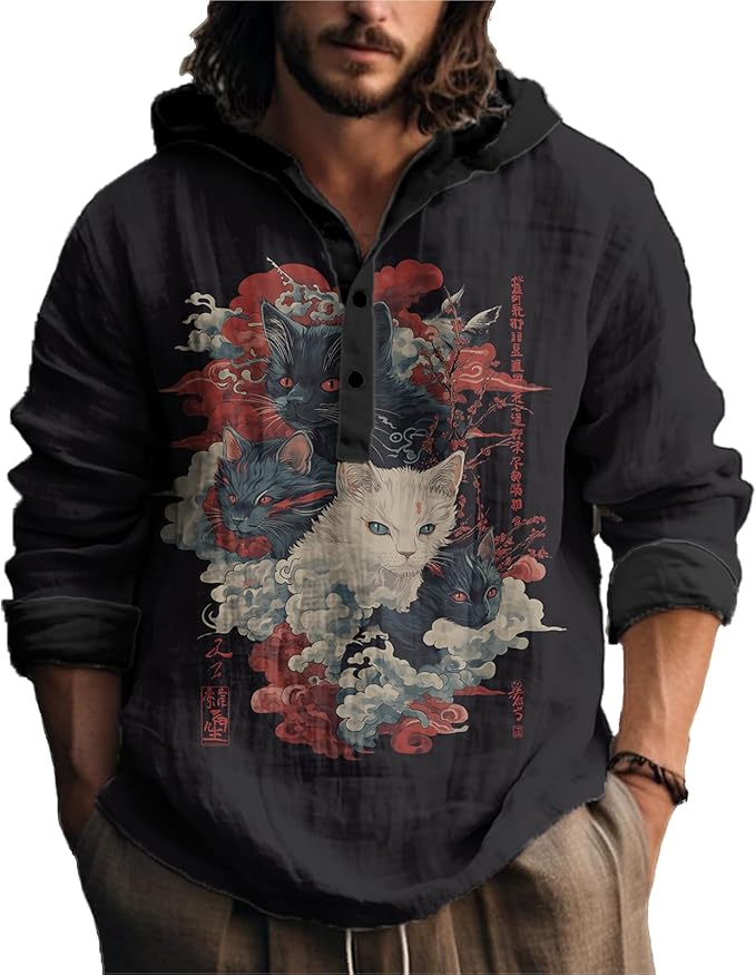 MARSVOVO Japanese Art Animal Hooded Shirt for Men Long Sleeve Quarter Button Lightweight Hoodie Cool Streetwear Tops