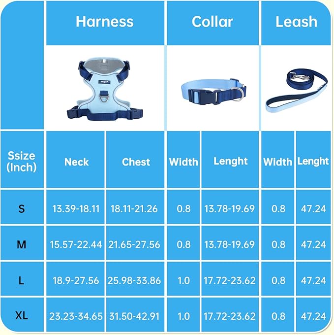 No Pull Dog Harness Leash and Collar Set, Soft Adjustable Dogs Vest Reflective and Comfortable Handle Blue X-Large