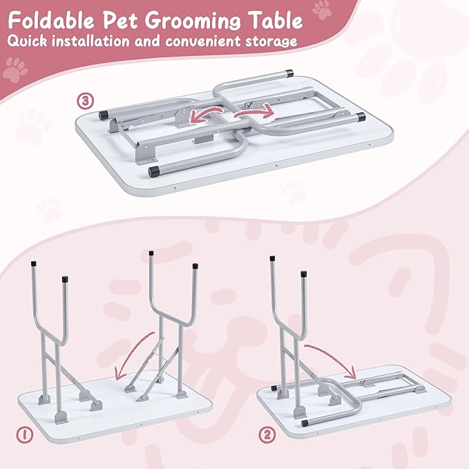 Yaheetech 36'' Pet Grooming Table for Dogs Adjustable Height Portable Trimming Table Drying Table w/Arm/Noose/Mesh Tray Maximum Capacity Up to 265Lb, Pink