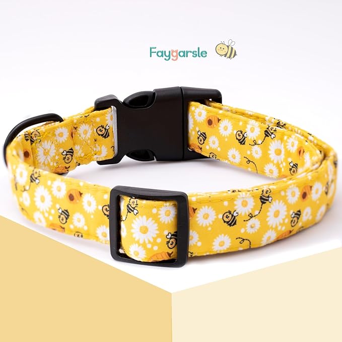 Faygarsle Dog Collar for Small Medium Large Dogs Yellow Puppy Collars for Female Dogs Floral Bee Daisy Patterned Pet Collars for Summer Spring Wedding Puppy Girl Dog Collar L