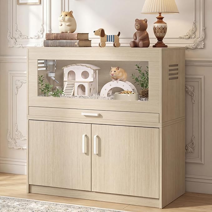 Hamster Cage with Storage Cabinet Detachable, Large Wooden Small Animal Habitat with Easy-Clean Drawer & Acrylic Panels for Guinea Pig, Rabbit, Hedgehog, Gerbil, Chinchilla, Teak