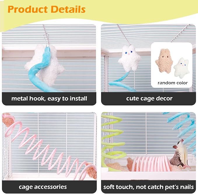 Sugar Glider Toys, Elastic Sugar Glider Climbing Ropes, Hanging Sugar Cage Accessories, Rat Enrichment Climbing Toys, Soft Touch Small Pet Swing Toy (3pcs Green & Blue & Yellow)