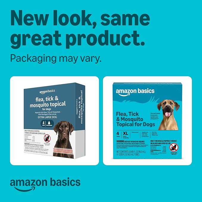 Amazon Basics PreventativeFlea, Tick & Mosquito Topical Treatment for X-Large Dog (Over 55 Pounds), 4 Count, Packaging May Vary