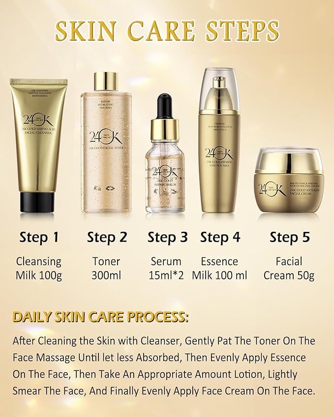 24K Gold Skin Care Set,6 in 1 Hydrate Firm Skincare Gift Toiletries Set,Moisturizing Brighten Facial Skin Care Product Kit for Wrinkles Fine Lines,Women's Mother’s Day Skin Care Gift Kit for Women Mom