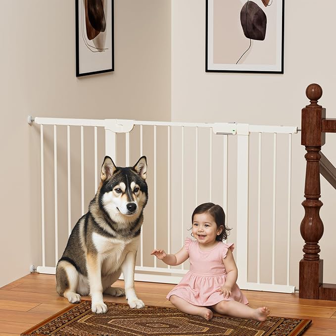 29.5-54.2" Baby Gate for Stairs, Baby Safety Essentials, Auto Close Gate for Doorways, Easy Install Pressure Mounted Dog Gate Indoor, Pet Gates for Dogs, White