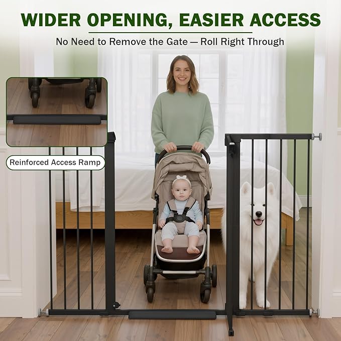 Mumeasy 36" Extra Tall Baby Gate for Doorways, 29.7"-57" Extra Wide Dog Gate for Stairs, Pressure Mounted Auto Close Pet Safety Gate with Easy Walk Thru Door, Large Indoor Child Gate for House, Black