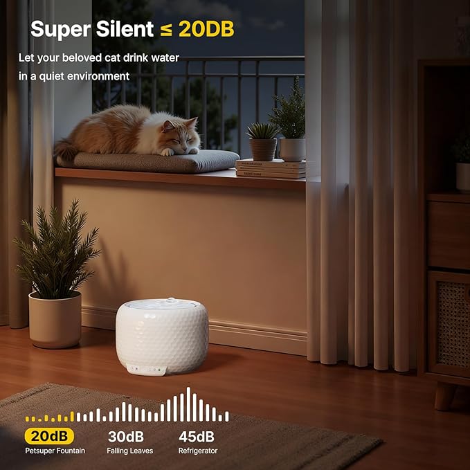 Cordless Cat Water Fountain with 5200mAh Battery, 1.8L/62oz Wireless Pet Fountain for Cats and Small Dogs, Ultra-Quiet Pump with 2 Flow Modes, White (ABS)