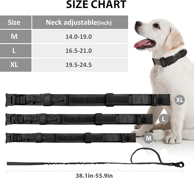Tactical Dog Collar and Leash Set Heavy Duty Military Dog Collar with Handle and Metal Buckle for Medium and Large Dogs (Black, L)