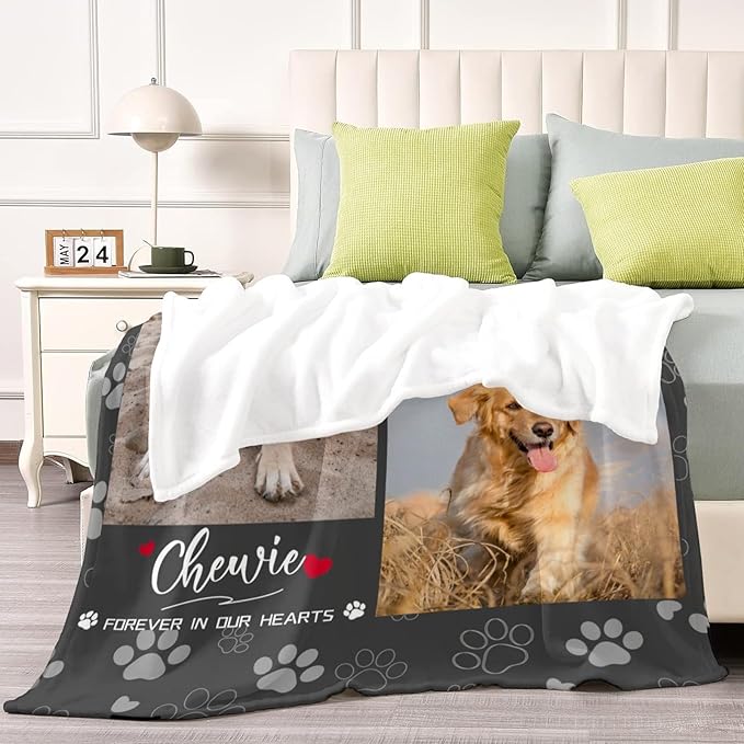 Custom Throw Mermorial Blanket with Dog Cat Pet Pictures & Name, Dog Memorial Blanket Personalized Memory Gift for Family and Friends Customized Bed Throw Blanket Sympathy Remembrance Made in USA