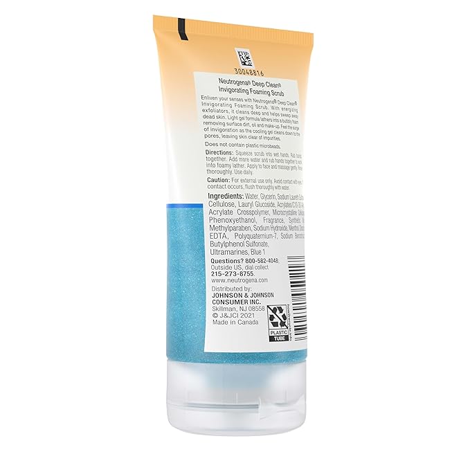 Neutrogena Deep Clean Invigorating Foaming Daily Exfoliating Facial Scrub with Glycerin, Gentle, Cooling & Exfoliating Gel Face Wash to Remove Impurities, Dirt, Oil & Makeup, 4.2 fl. oz