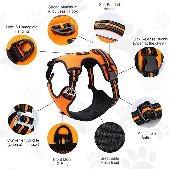 No Pull Dog Harness with 3 Snap Buckles,No Choke Front Lead pet Harness Reflective and Adjustable Soft Padded Vest for Small Medium Large Dog (Orange, Large)