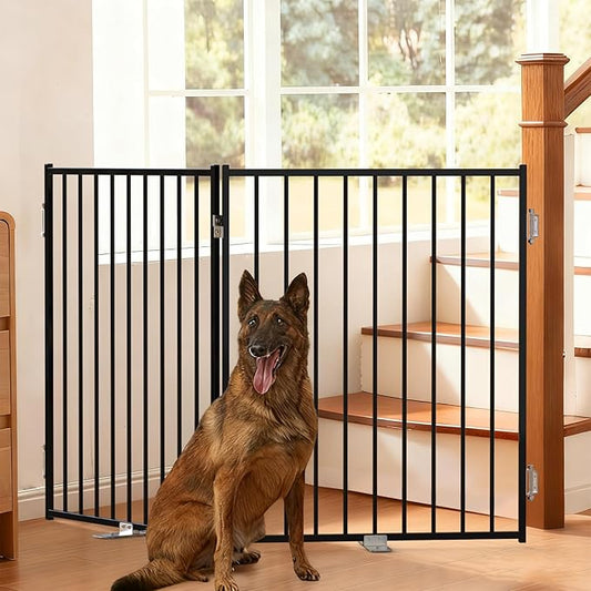 No Pawblems Free Standing Dog Gate, 36'' Tall Foldable Dog Fence for Indoor & Outdoor, Up to 52 Inch Extra Wide Puppy Gate for Stairs, Hallways, Doorways, Deck, Yard (Black, 2 Panels)
