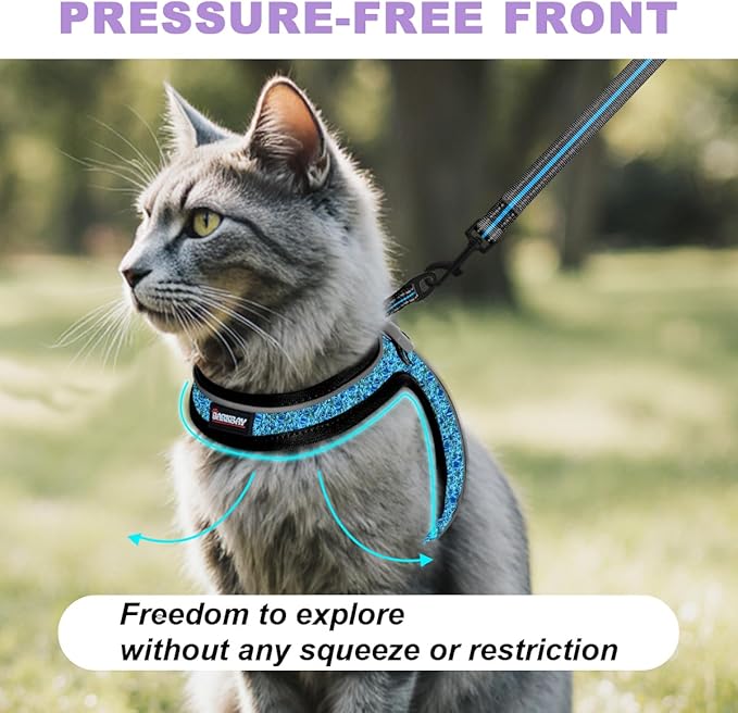 Cat Harness and Leash Set,Escape Proof Kitten Harness,Step in Adjustable Soft Lightweight,Easy Control,Reflective Strips Comfortable for Walking Travel(Blue/Black,S)