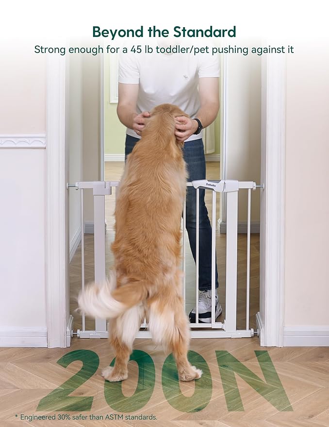 BABELIO 29-55 Inch Extra Wide Baby/Dog Gate, PressGuard P7, Metal Auto Close, Pressure Mounted Pet Door for Doorways, NO Need Tools and Drilling, with Wall Cups, White