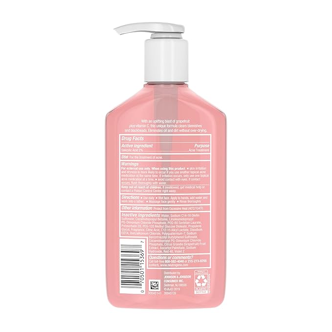 Neutrogena Oil-Free Acne Wash Pink Grapefruit Facial Cleanser - with Salicylic Acid for Clear Skin, Daily Face Wash for Oily & Acne-Prone Skin, Deep Cleansing Treatment, 9.1 fl. oz. Bottle
