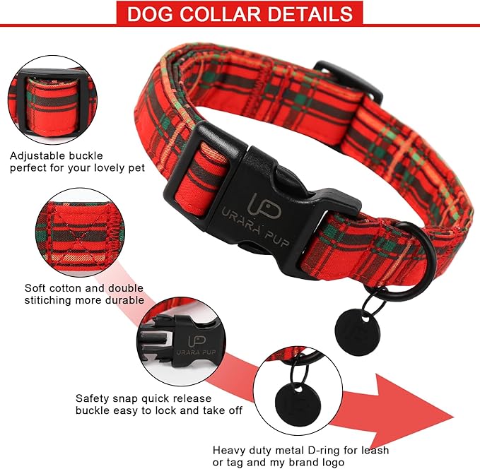 Christmas Dog Collar,Red Plaid Christmas Plaid Pet Collar with Quick Release,Adjustable Red Checkered Puppy Collars for Small Medium Large Dogs,XL,Neck 16-26in