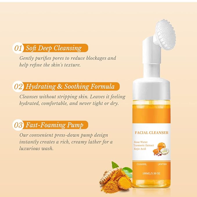 Roseye Turmeric Facial Kit with Brush - Foaming Face Wash & Soap for Refreshed Feel, Hydration, Subtle Shimmer - Unisex Skincare-5pcs