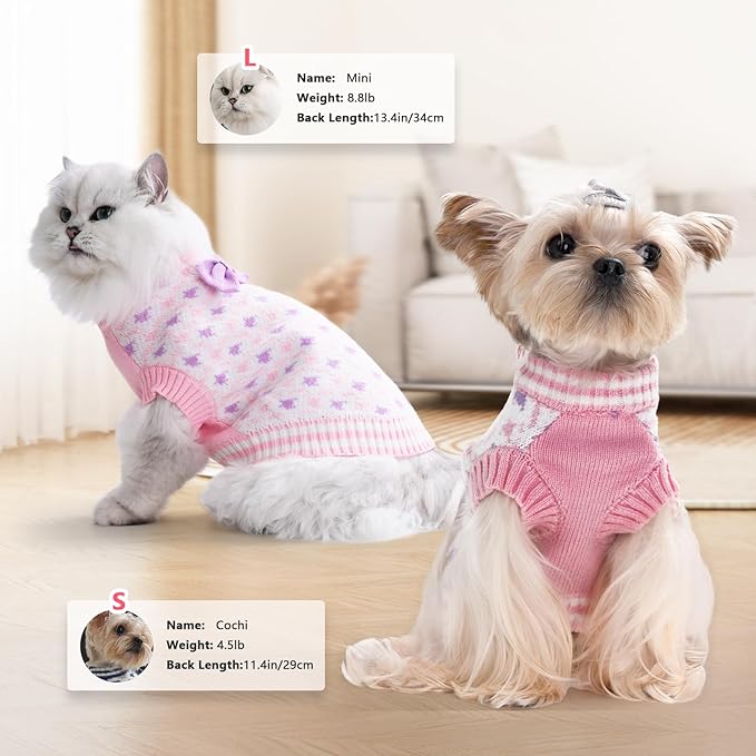 Samll Dog Sweaters Girl Pet V-Neck Christmas Halloween Dog Sweater Knit for Pomeranian Bichon Frise Pug Cold Weather Outfit Pet Formal Dress Cat Sweater (Pink，L)