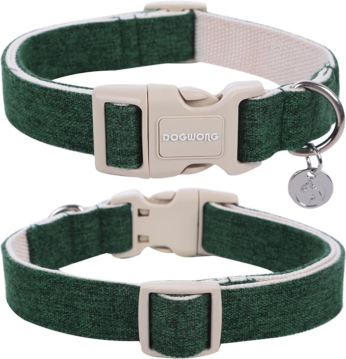 DOGWONG Cotton Hemp Dog Collar - Heavy-Duty Adjustable Soft Natural Fabric Pet Collar for Christmas, Holiday - Cute Puppy Necklace for Small Medium Large Dogs (Green)